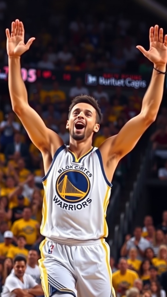 Steph Curry celebrating a three-point shot with raised arms and a joyful expression, surrounded by cheering fans.